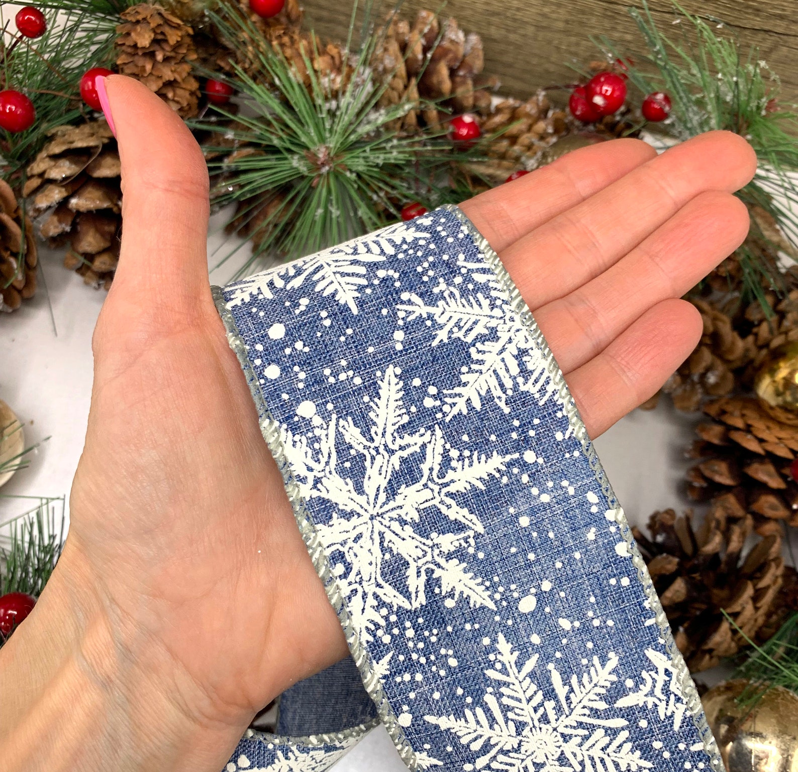 Denim Blue Snowflake Ribbon – 2.5