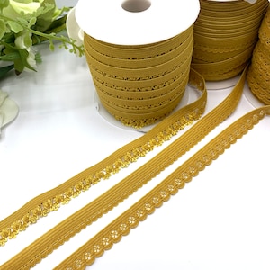 Mustard gold lingerie elastic collection, ochre bra strap, pretty picot lace edging elastics for knickers and underwear - 4 designs