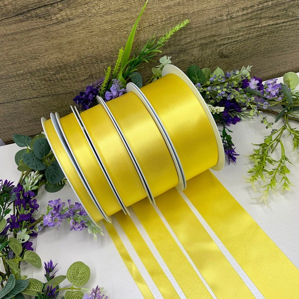 Bright Yellow double satin ribbon, quality trim in 6 widths for Easter, summer weddings and floral decorations - RECYCLED RIBBON