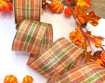 Orange green and metallic gold plaid check wire edge ribbon, 63mm/2.5"  luxury Autumn trim for Fall Wreaths, Bows and Thanksgiving Decor