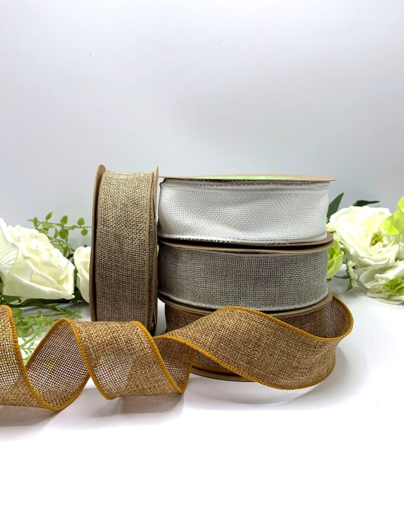 1.5 Inch Wire Edge Faux Burlap Ribbon in White, Natural, Silver and Gold,  Rustic Wedding Trim for Floral Bouquets 