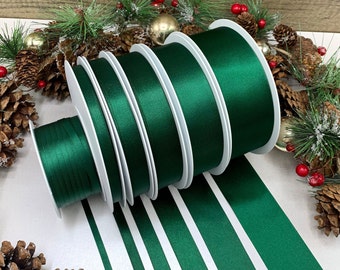 Dark Green satin ribbon, quality forest green double faced satin trim 8 widths for Christmas, weddings, sashes and bows - RECYCLED RIBBON