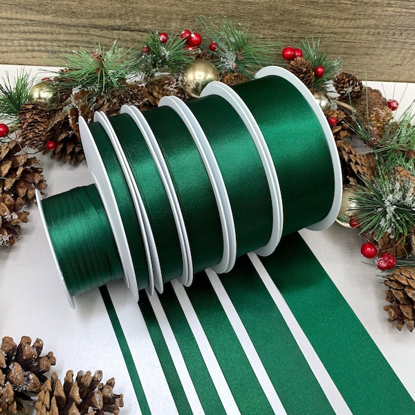 Dark Green satin ribbon, quality forest green double faced satin trim 8 widths for Christmas, weddings, sashes and bows - RECYCLED RIBBON