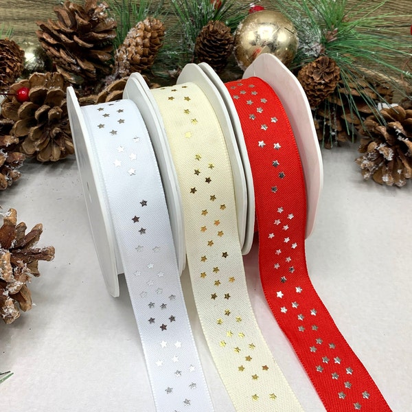 1 inch woven ribbon with little metallic star embellishments, sparkly silver and gold Christmas trim - Red, White or Cream