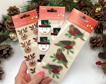 Christmas glitter stickers, Reindeer Snowman Robin stick on embellishments for card toppers, gifts and Christmas paper crafts