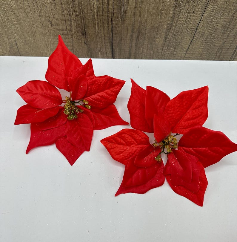 17cm Poinsettia Flower Head, Large Red and Gold Glitter Artificial