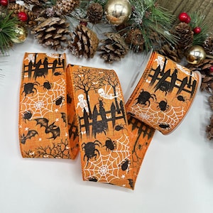 2,5" Halloween-lint met draad, 63 mm oranje en zwarte rand, skeletspin- en vleermuislint voor kransen en slingers - 1 m 3 m 5 m