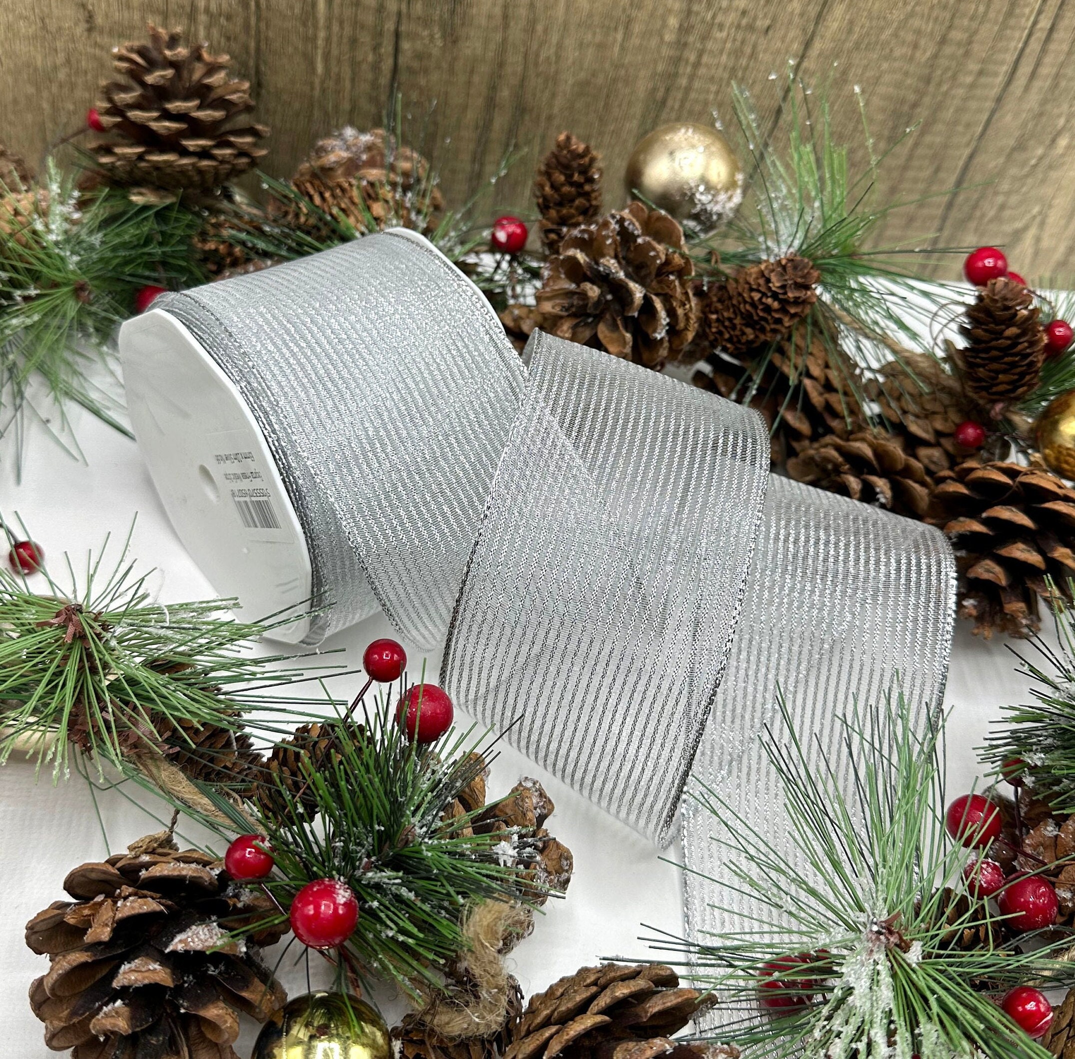 Wired silver Christmas ribbon, sheer with metallic silver stripes for trees, wreaths and bows - 2.5 inch / 63mm wide - 5m or 10m