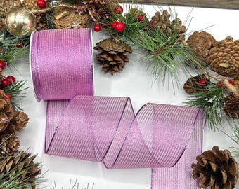 Ruban rose avec fil, rayures métalliques argentées, couronnes de Noël, 2,5 pouces