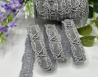 Silver Gre velvet trim luxury chenille braid for dressmaking, upholstery, lampshades, furniture and home decor -5/8" 16mm wide