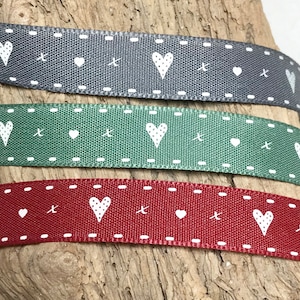15mm woven tape hearts and kisses ribbon, red green or grey, wedding gift ribbon, loved one cards