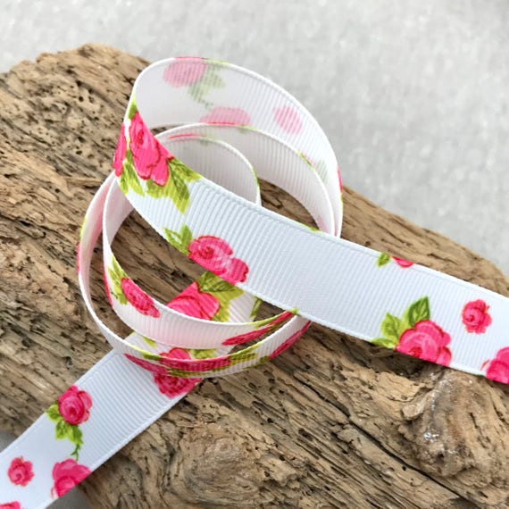 5//8/" Rose Print Grosgrain-Pink Blue White-Country Crafts Pretty Rose Ribbon