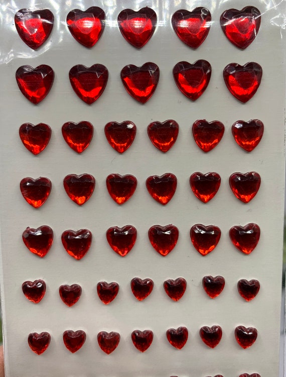 Sparkly Heart Gems, Gold Silver or Red Diamante Stick on Heart  Embellishment, 6-10mm 56 per Sheet, Valentines Day Embellishment 