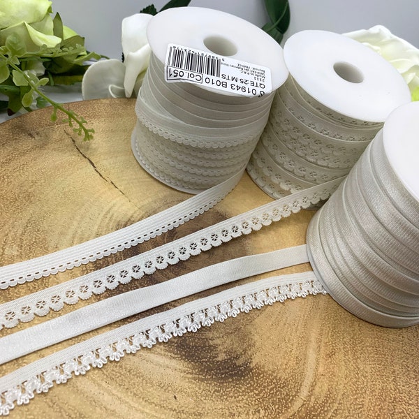 Bridal White lingerie elastic collection, plush bra straps and pretty picot lace edge elastics for knickers and underwear - 4 designs