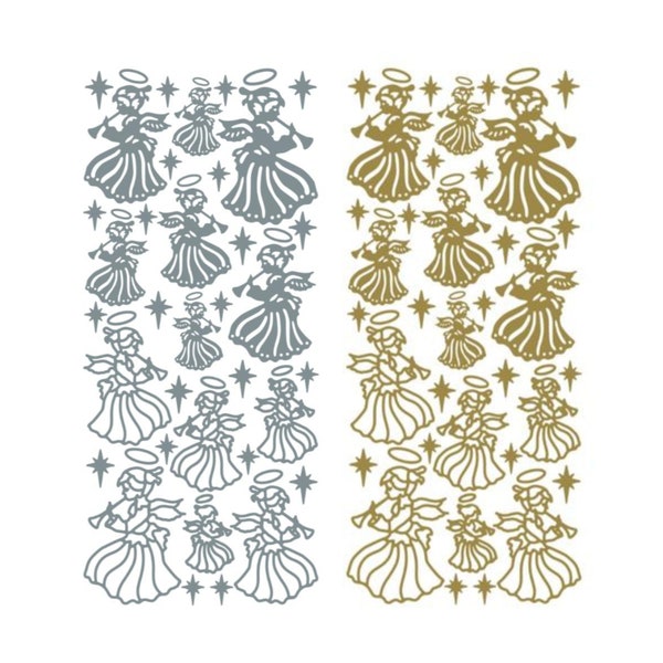 Peel Off Christmas Angel Stickers in Gold or Silver, foiled stick on angels with halos, trumpets and stars for scrapbooks and cards