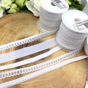 White lingerie elastic collection, FOE, plush bra straps and pretty picot lace edge elastics for knickers and underwear - 5 designs