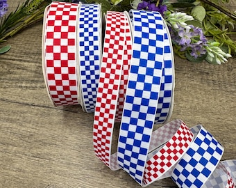 Nastro grosgrain a scacchiera rosso e blu per decorazioni di torte, biglietti a tema sportivo e lavori creativi, larghezza 15 mm/25 mm.
