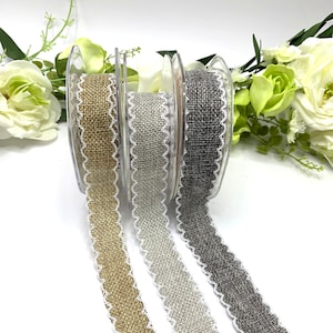 1&quot; burlap trim with white scalloped edge, silver, charcoal grey or natural, vintage wedding, floral bouquet