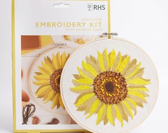 Large Sunflower embroidery kit with 21cm bamboo hoop, all you need DIY craft gift for all skill levels