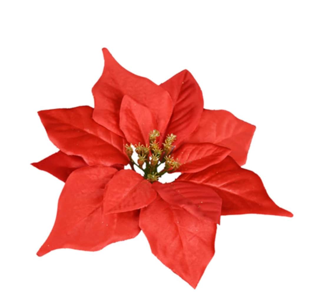 17cm Poinsettia Flower Head, Large Red and Gold Glitter Artificial
