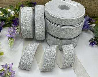 Sparkly silver metallic elastic trim, 20mm (3/4") 25mm (1") or 50mm (2"), waistband elastic, hair ties