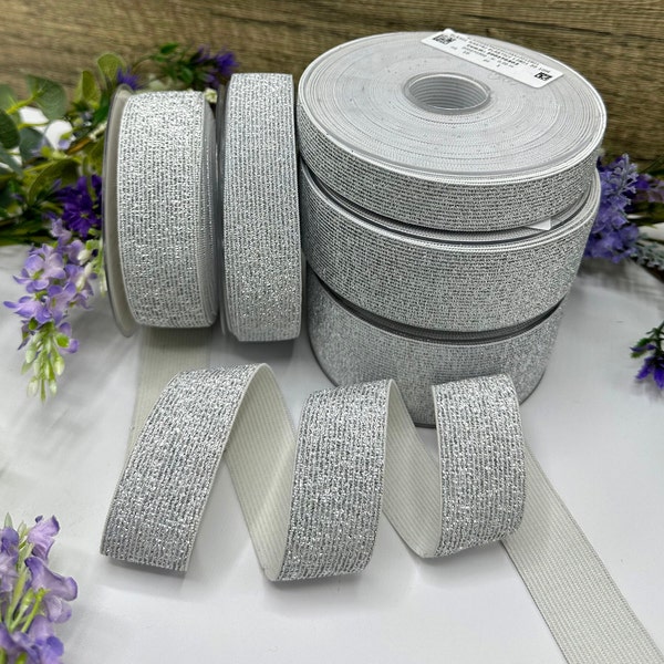 Sparkly silver metallic elastic trim, 20mm (3/4") 25mm (1") or 50mm (2"), waistband elastic, hair ties