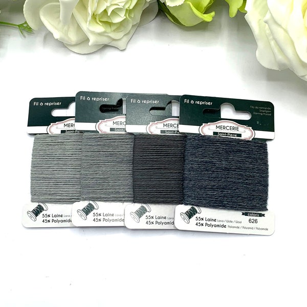 Grey darning wool, mending thread for knitwear, socks and accessories, 15m visible mending thread in a range of grays - wool/polyamide