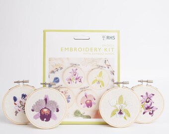 Orchids hand embroidery kit with 9cm wooden hoops, 4 floral designs, all you need DIY craft gift for all skill levels