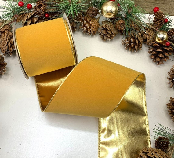 Wired Mustard Gold Velvet Ribbon With Metallic Gold Back 4 Widths for Bows,  Floral Decoration, Door Wreath PRICED PER METRE 
