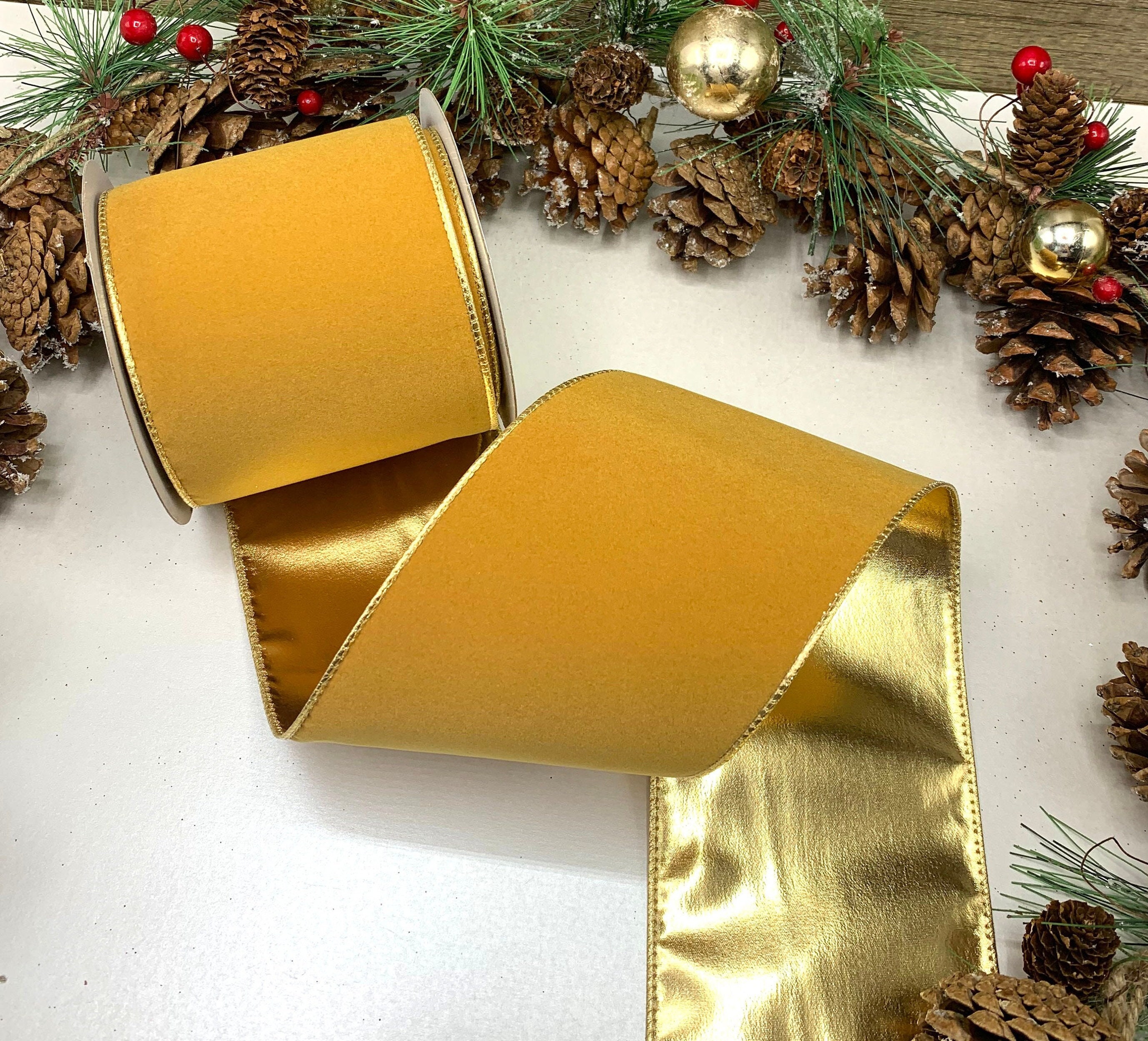 1.5 Inch (5 YDS) Wired Christmas Ribbon Gold w/Gold Trim Gift Wrap Bows  Wreaths