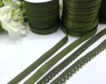 Khaki Green Lingerie Elastic, Plush Bra Straps, Picot Lace Edge, Knicker Trim
