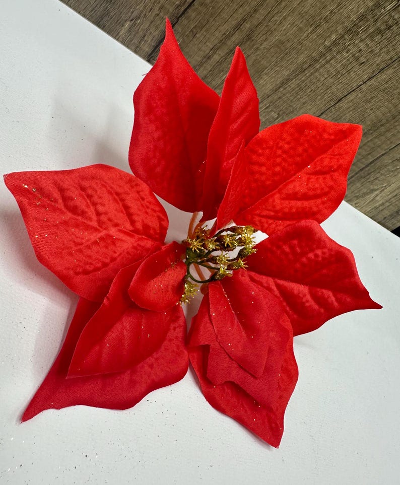 17cm Poinsettia Flower Head, Large Red and Gold Glitter Artificial