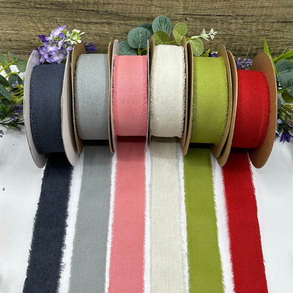 1.5" frayed edge ribbon, natural cotton vintage linen trim, rustic tape in ivory, natural, pink, red, grey and green for rustic weddings