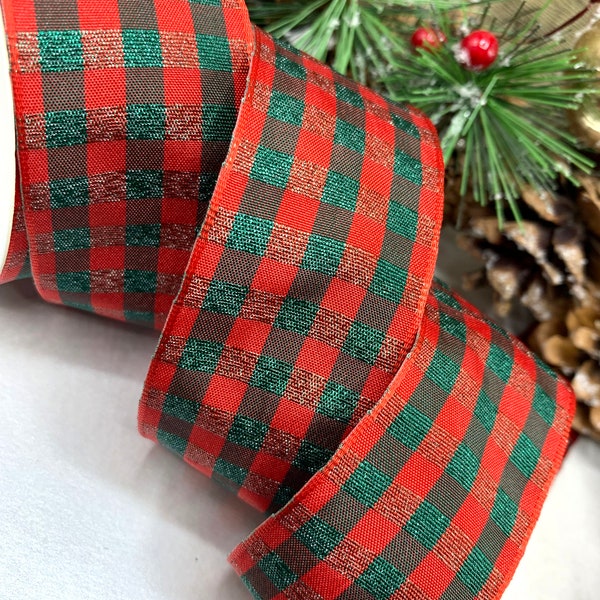 1.5" wire edge tartan Christmas ribbon, red and green plaid trim for Thanksgiving wreath bow decoration - 1m 3m 5m