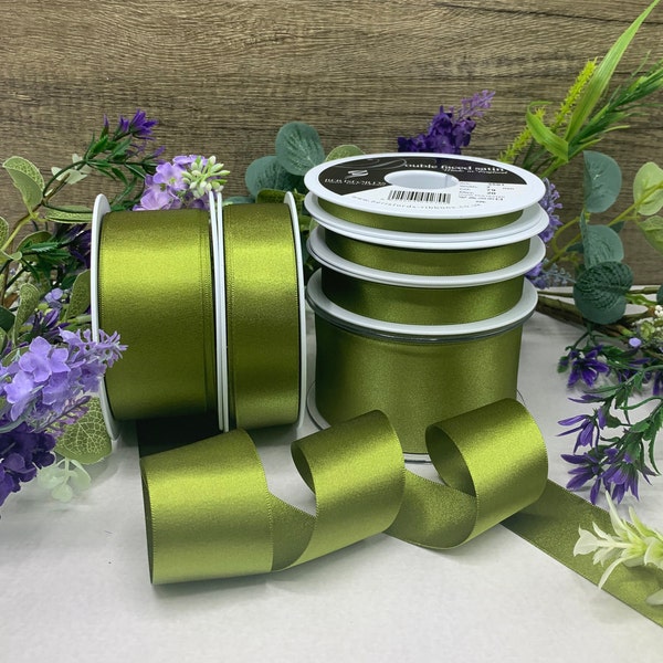 Moss Green double satin ribbon, premium quality in 6 widths, wedding ribbon, gift wrap and stationery - RECYCLED RIBBON