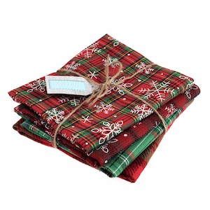 Christmas fat quarter bundle,  Tartan/Plaid 4 red and green festive snowflake fabrics for sewing, stockings and decorations