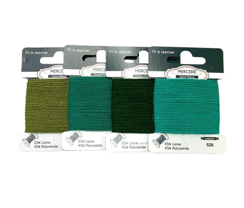 Green darning wool thread, for repairing knitwear and socks, 15m bobbin One of each (4)