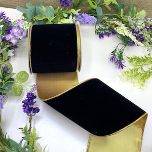 4" draadrand zwart fluwelen lint met metallic gouden achterkant voor grote bruiloftstrikken, bloemdecoraties en kerstdeurkransen - 10 cm breed