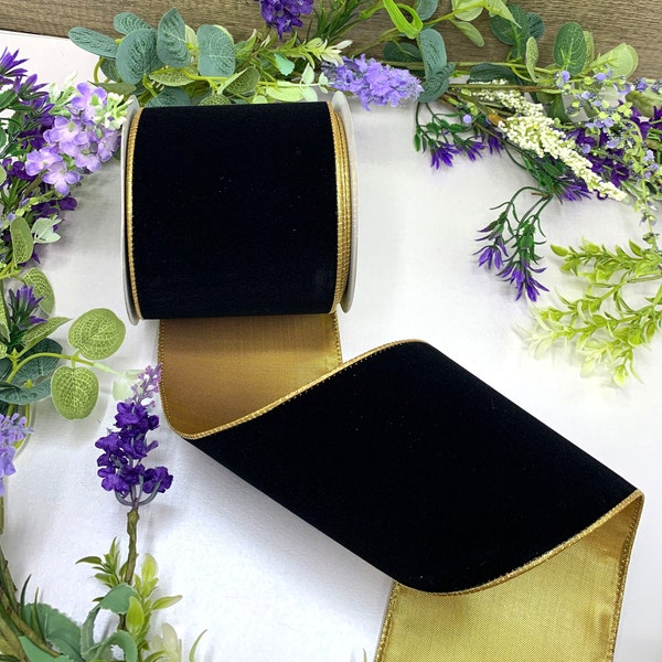 4" wire edge black velvet ribbon with metallic gold back for large wedding bows, floral decorations and Christmas door wreaths  - 10cm wide