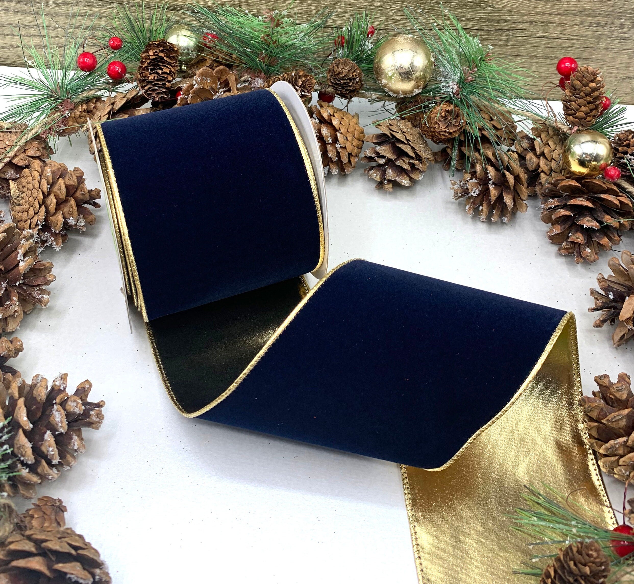 Wired Navy Blue Velvet Ribbon With Metallic Gold Back Etsy