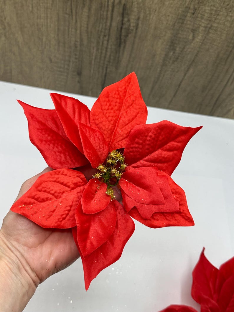 17cm Poinsettia Flower Head, Large Red and Gold Glitter Artificial
