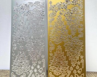 Traditional Christmas Fir Tree stickers in foiled gold and silver for cards and gifts