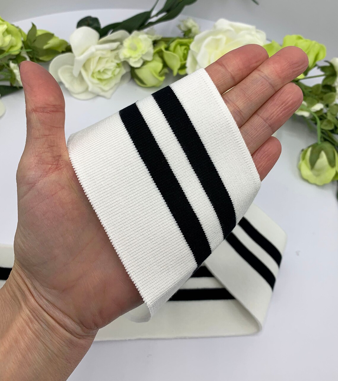 8cm Ribbed Cuff Elastic White With Black Stripes Waistband Etsy