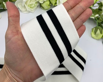 8cm ribbed cuff elastic, white with black stripes, waistband elastic for retro sportswear, jackets and sweatshirts - 1.2m piece