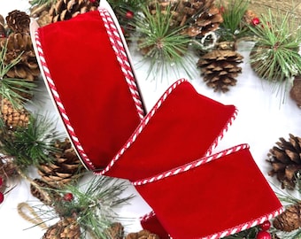 2,5 inch red velvet ribbon with candy stripe wire edge for Christmas trees, bows and wreath decoration