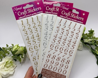 Glitter Number Stickers, Rose Gold, Gold, Silver sparkly script number embellishment for weddings, birthday and papercrafts