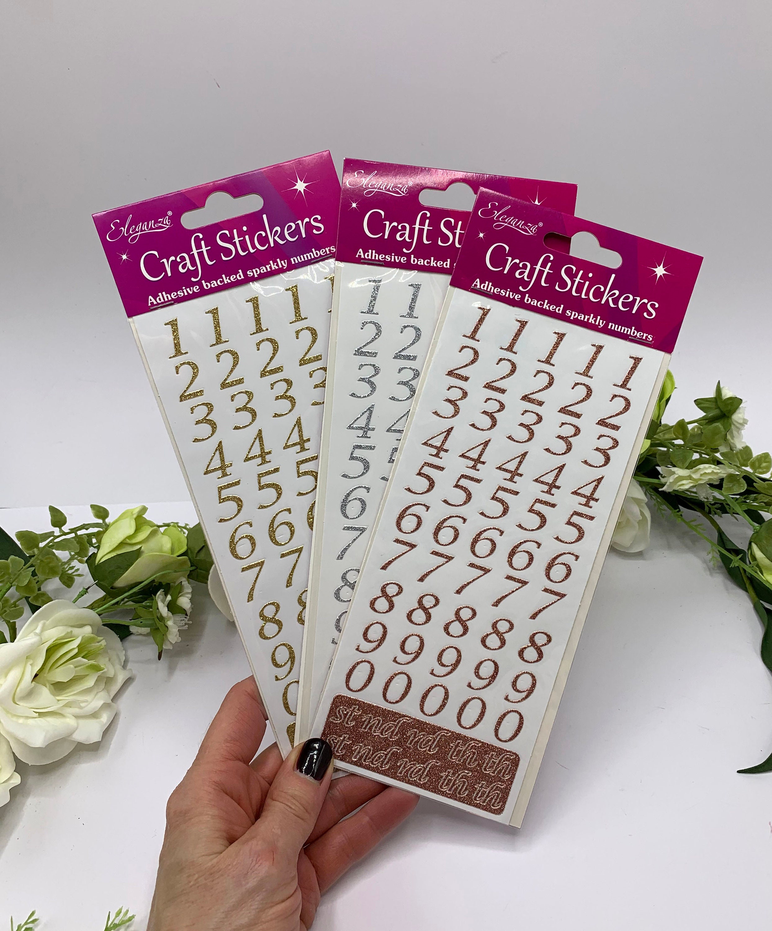 Glitter Number Stickers, Rose Gold, Gold, Silver Sparkly Script