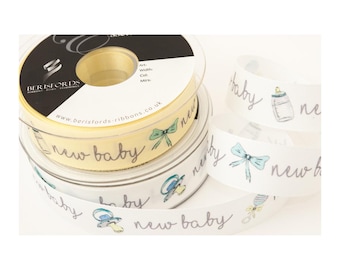 1 inch white printed ribbon for new baby decorations, showers and gifts 1-5 metres