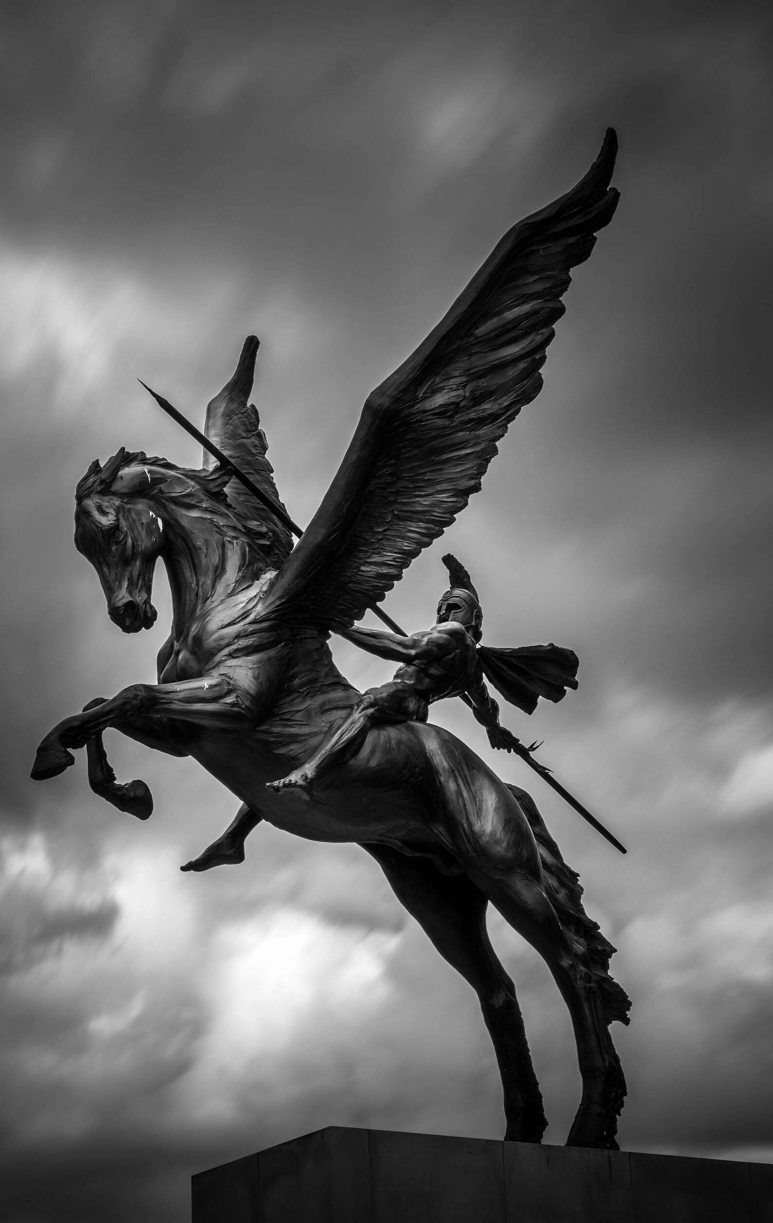 Statue of Bellerophon '300' Spartan Pegasus Dramatic Sky, Black & White