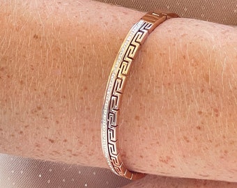 18k Rose Gold Bracelet Meander bracelet Greek Key bracelet Ancient Greek Jewellery Bangle Bracelet Geometric Bracelet for women 58 Swarovski